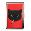A silver metal card case featuring a black cat silhouette against a vibrant red background.