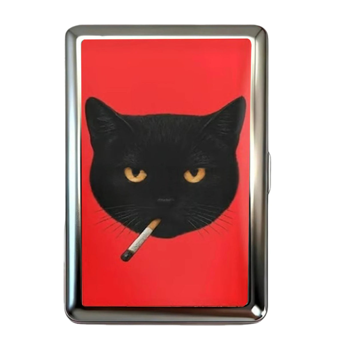 A silver metal card case featuring a black cat silhouette against a vibrant red background.