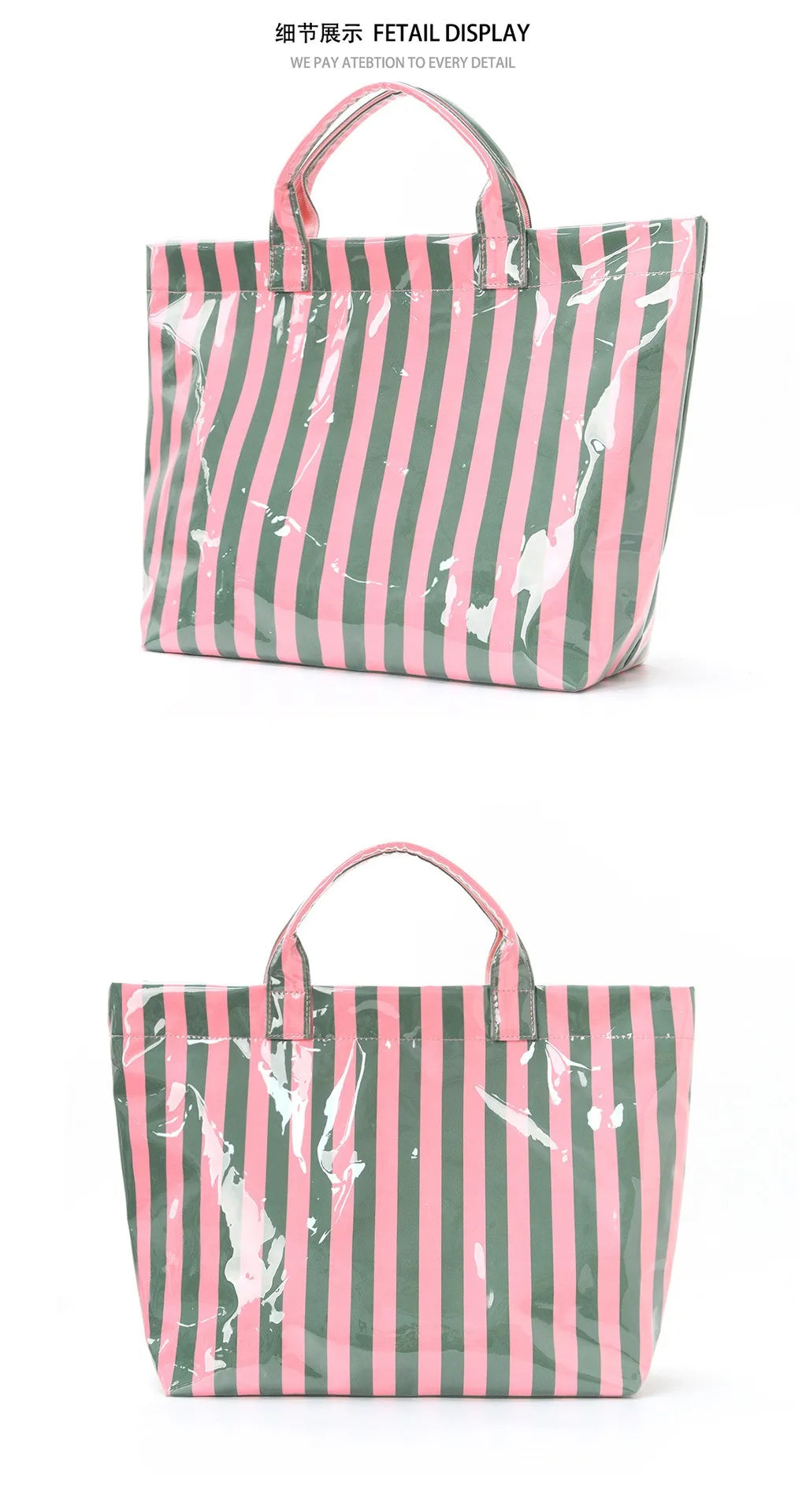 A pink and green striped tote bag featuring an abstract white splatter pattern.