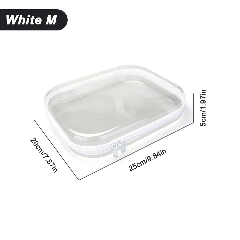 A clear, rectangular storage pouch with a white lid and silicone seal.