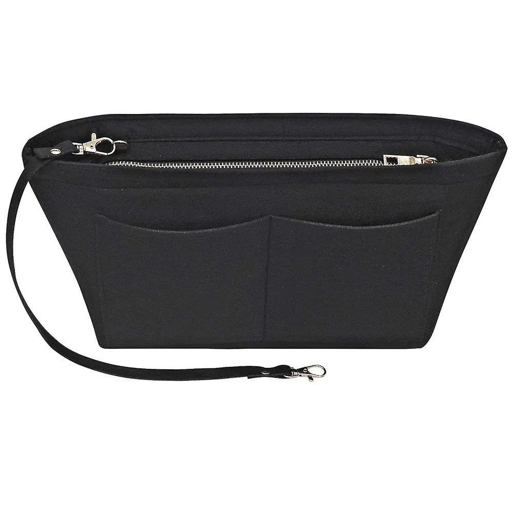 Bolsa de cosméticos de fieltro negro con cremallera y solapa para organizar el bolso