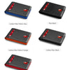 A collection of slim carbon fiber RFID-blocking wallets in various colors including blue, black, orange, and red.