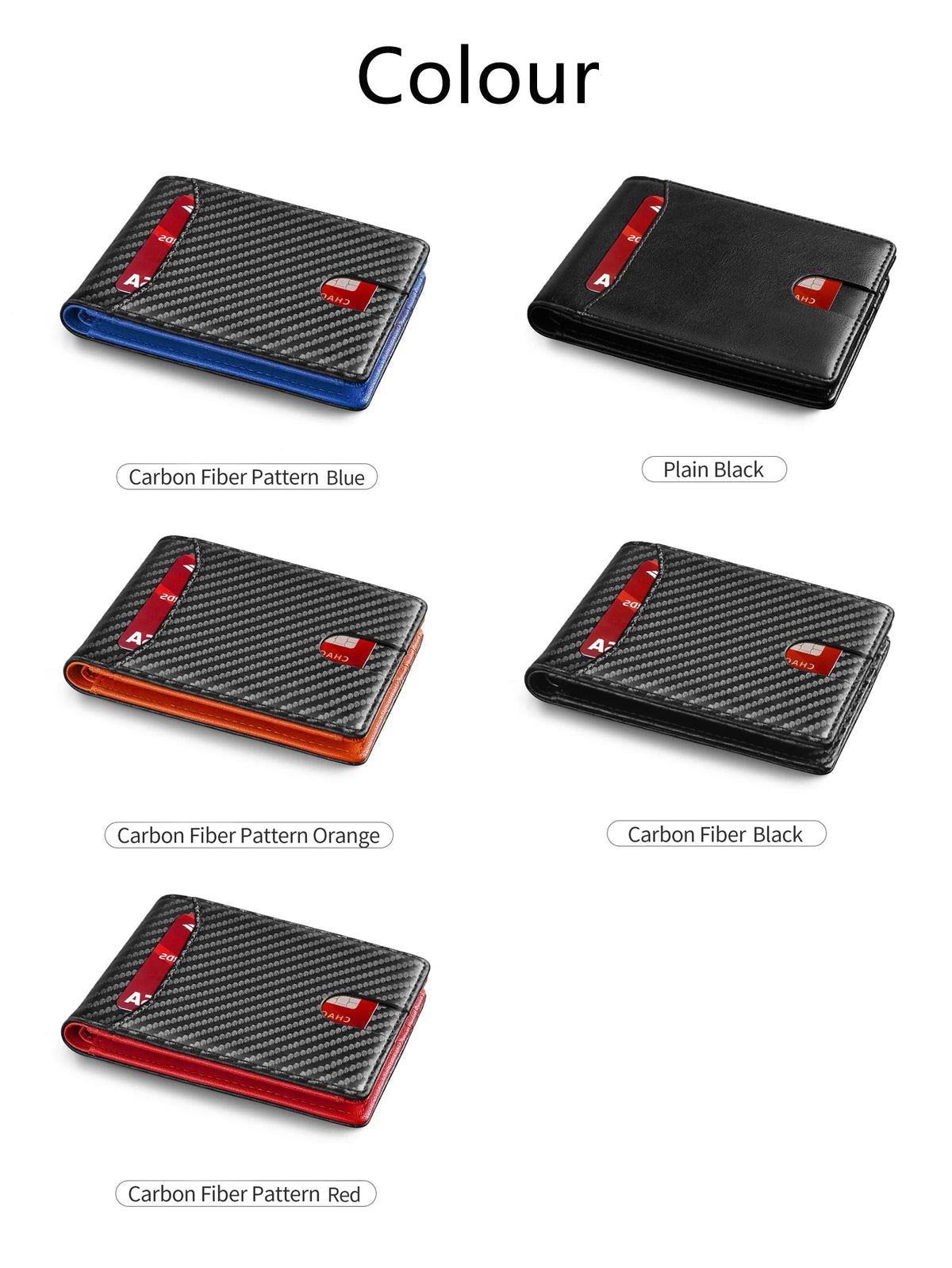 A collection of slim carbon fiber RFID-blocking wallets in various colors including blue, black, orange, and red.