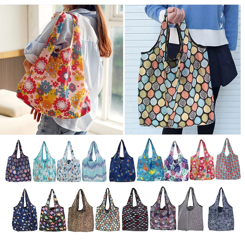 A collection of reusable eco tote shopping bags in various floral and patterned fabrics.
