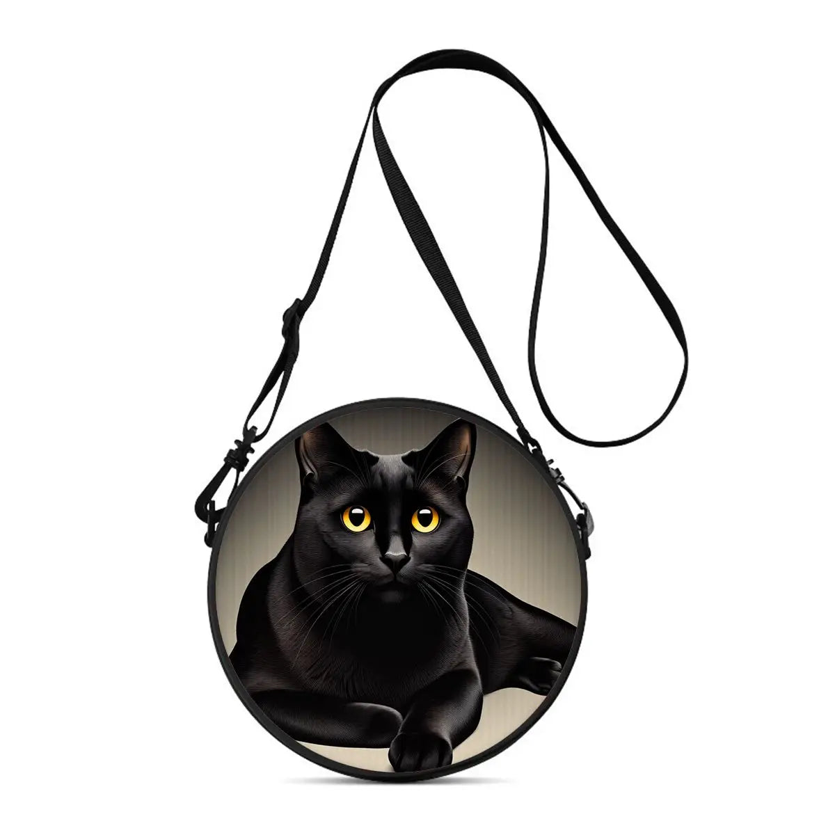 A black cartoon cat is featured on a round crossbody bag with a black strap.