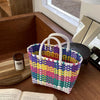 A hand woven PVC vegetable basket tote bag featuring multicolored stripes of purple, pink, yellow, and green.