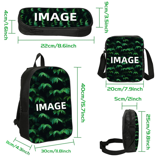 A set of black fabric items including an image pouch, a backpack, and a strap.