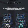 Blue and black graffiti patterned backpack showing daytime and night glow effects