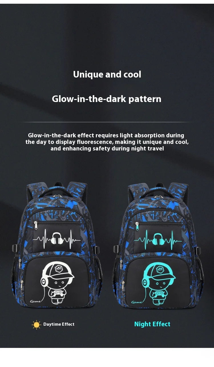Blue and black graffiti patterned backpack showing daytime and night glow effects