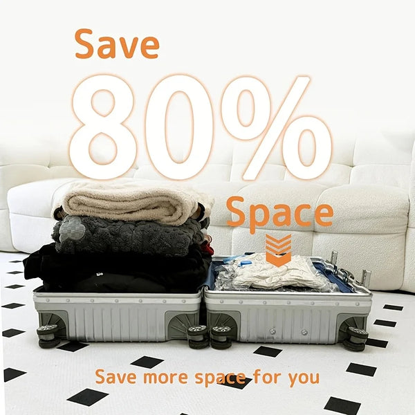Travel vacuum storage bags with a USB pump shown next to a white couch and a white rug, advertising an 80% space saving.
