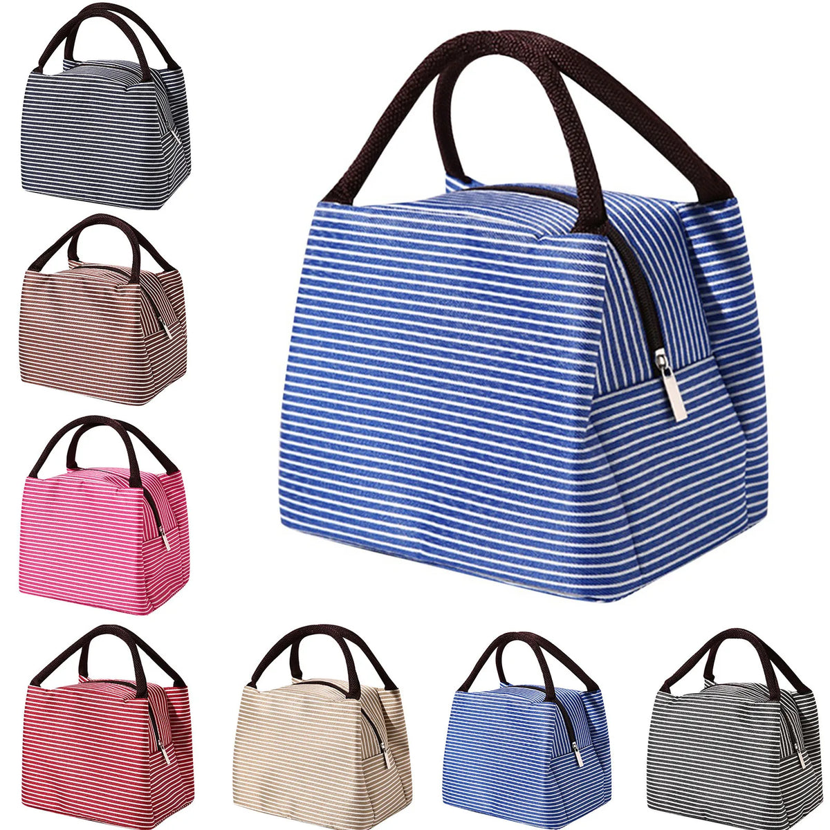 A collection of striped insulated lunch totes in blue, pink, and beige with adjustable shoulder straps.