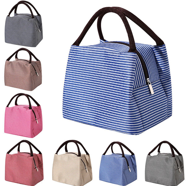 A collection of striped insulated lunch totes in blue, pink, and beige with adjustable shoulder straps.