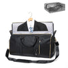 A black foldable multi-function garment duffle bag with a silver lining and a hanger displaying a black dress shoe.