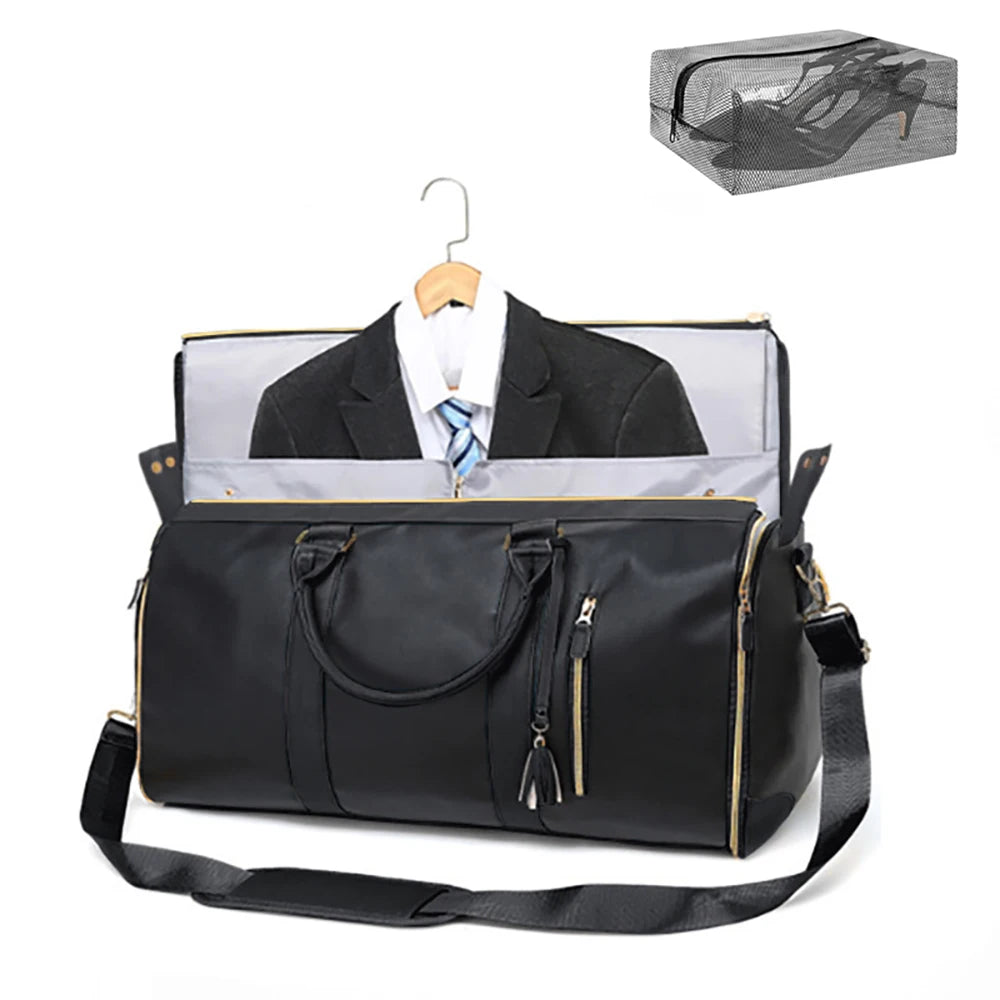 A black foldable multi-function garment duffle bag with a silver lining and a hanger displaying a black dress shoe.