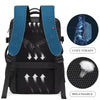Black business travel backpack with blue padded straps and breathable mesh back