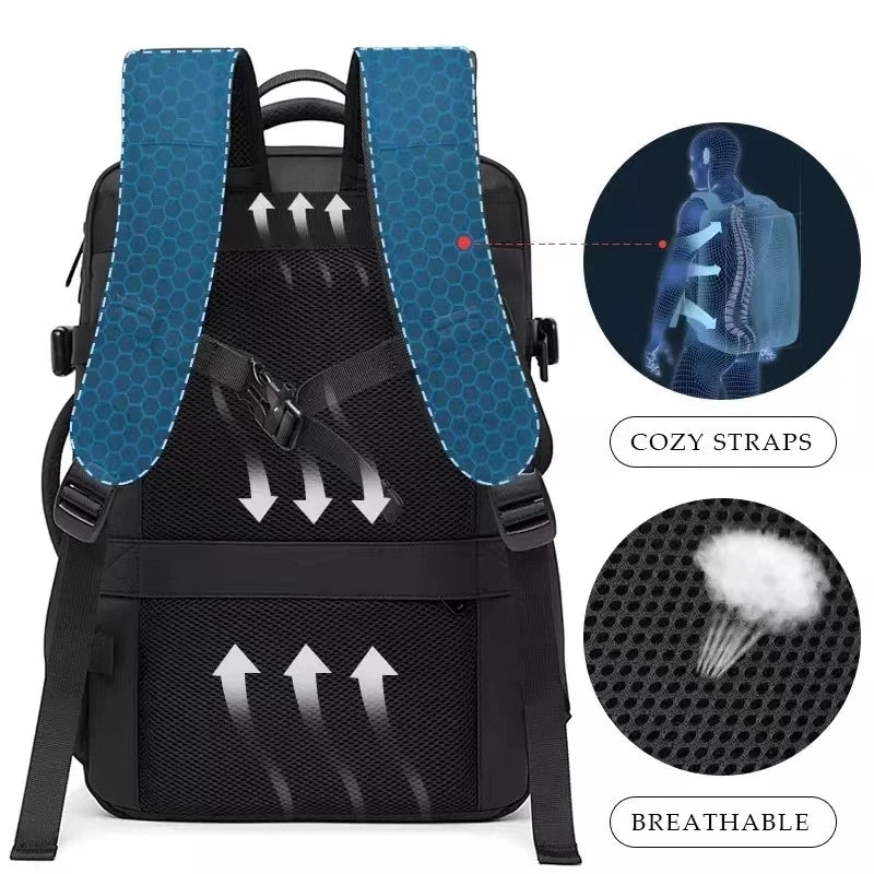Black business travel backpack with blue padded straps and breathable mesh back