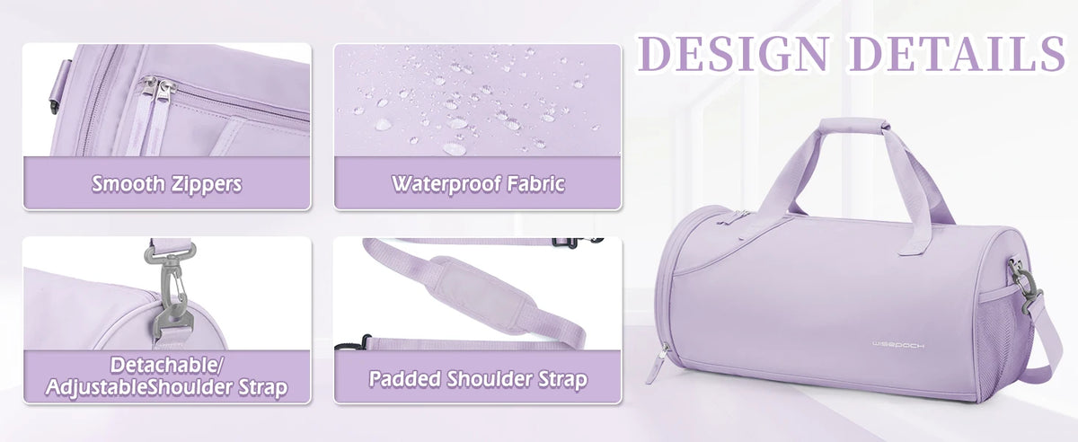 A purple waterproof travel duffel bag featuring smooth zippers, a detachable shoulder strap, and a padded shoulder strap.