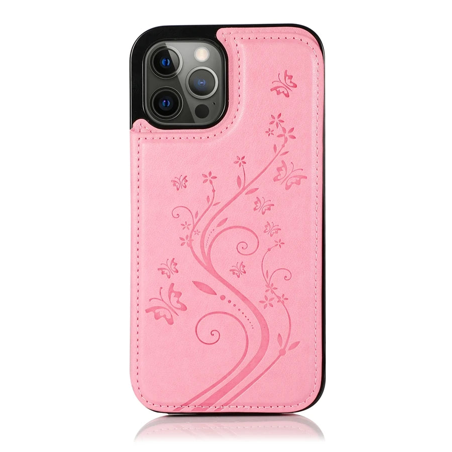 A pink elegant wallet flip case for an iPhone featuring delicate floral designs.