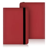 A red leather e-book cover with a black protective strap shown in a studio setting.
