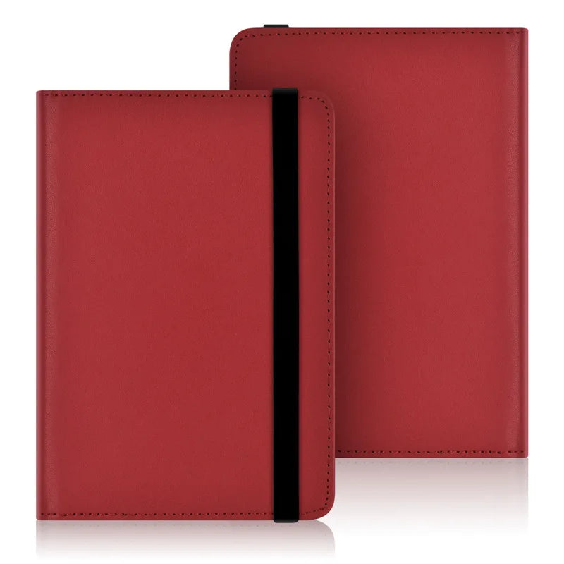A red leather e-book cover with a black protective strap shown in a studio setting.