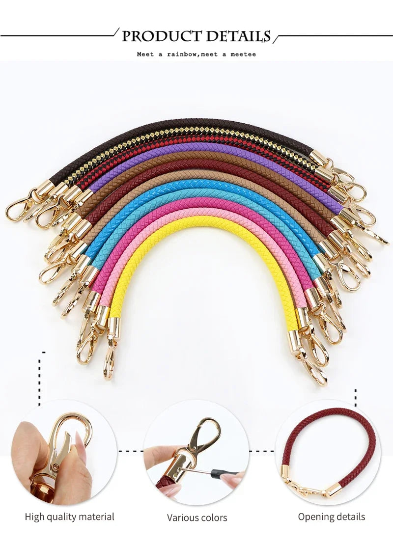 Rainbow colored PU leather replacement bag straps with metal buckles displayed in an arc formation