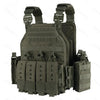 A dark olive green tactical plate carrier vest with an adjustable molle system.