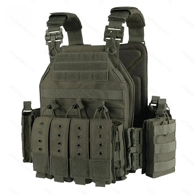 A dark olive green tactical plate carrier vest with an adjustable molle system.