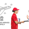 A man in a red shirt hands a package to a woman, with an airplane drawing and location pin indicating safe delivery.