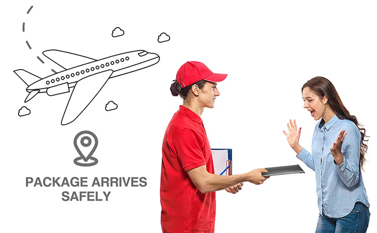 A man in a red shirt hands a package to a woman, with an airplane drawing and location pin indicating safe delivery.