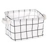 A white checkered storage basket with handles made of cotton linen fabric.