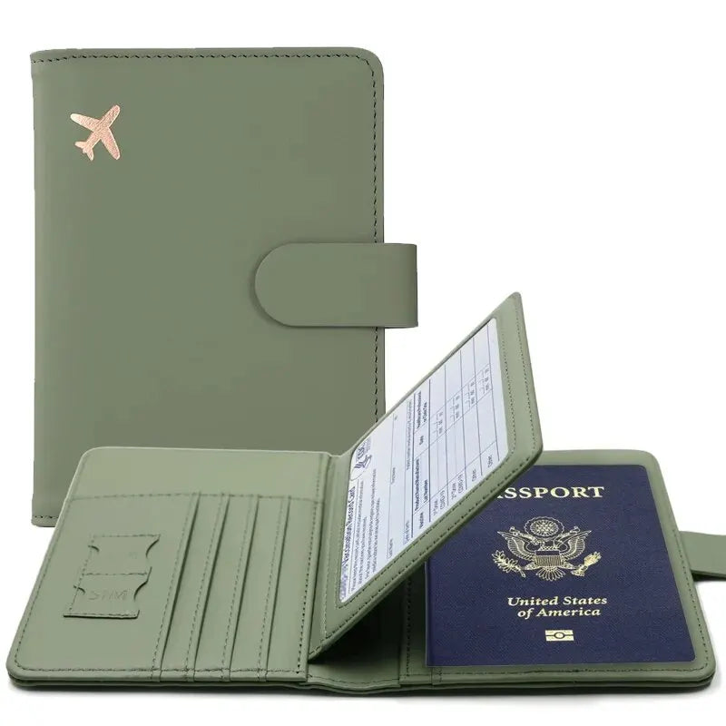 A green PU leather passport holder with a flap and credit card slots, featuring a small airplane emblem.