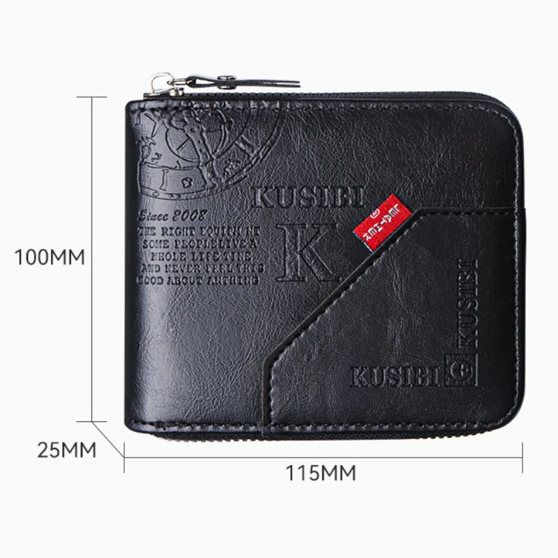 Black PU leather zipper wallet with a leather strap and embossed design