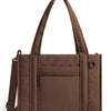 A brown quilted tote bag with a detachable strap shown from the front.