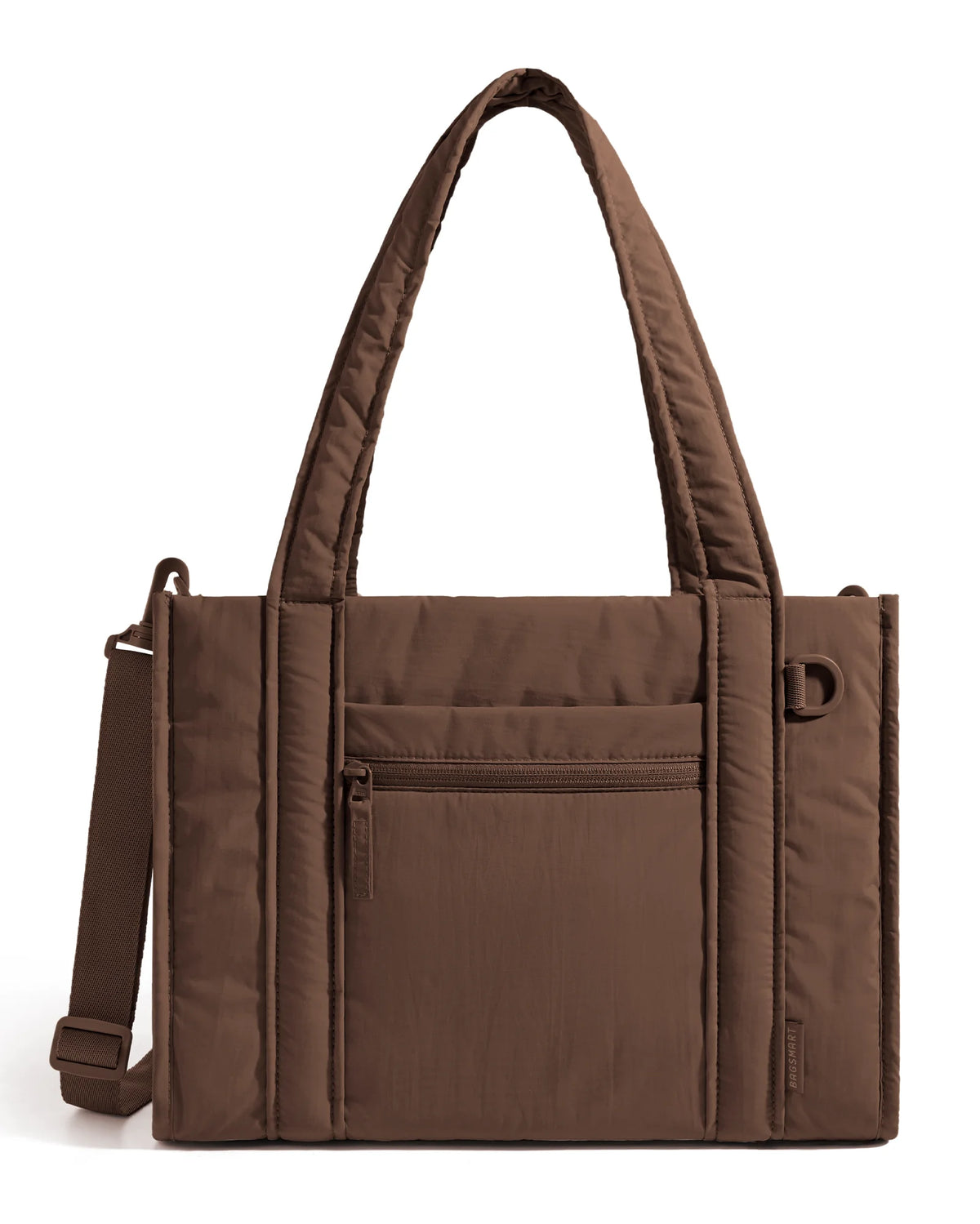 A brown quilted tote bag with a detachable strap shown from the front.