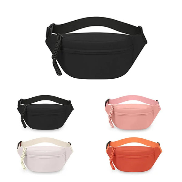 A set of four anti-theft waist packs in black, pink, white, and orange.