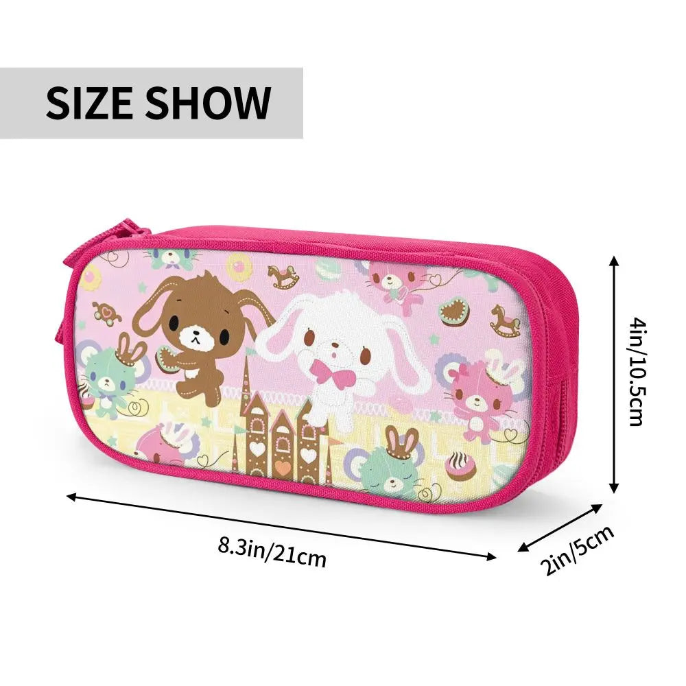 Pink fabric pencil case featuring cute animal and food designs for school supplies