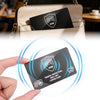 A hand holds an RFID blocking card with a stop symbol and text indicating protection against RFID/NFC contactless cards.