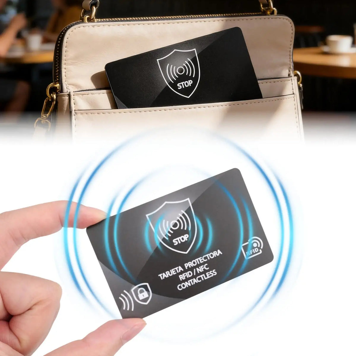 A hand holds an RFID blocking card with a stop symbol and text indicating protection against RFID/NFC contactless cards.