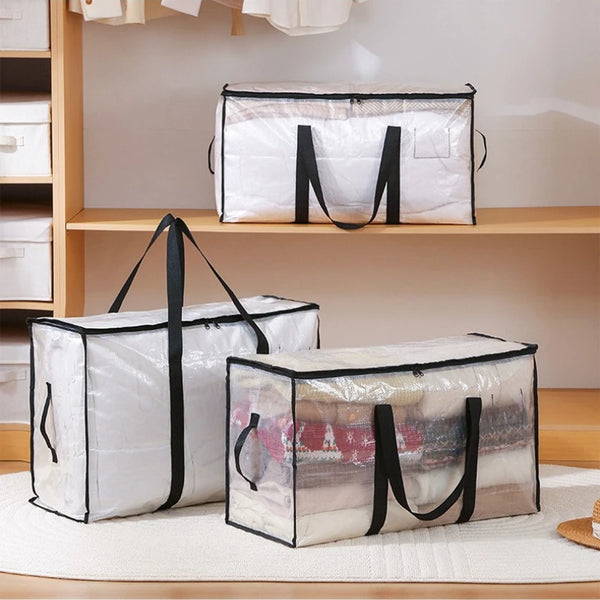 Two large transparent woven storage bags with black straps are displayed on a wooden shelf.