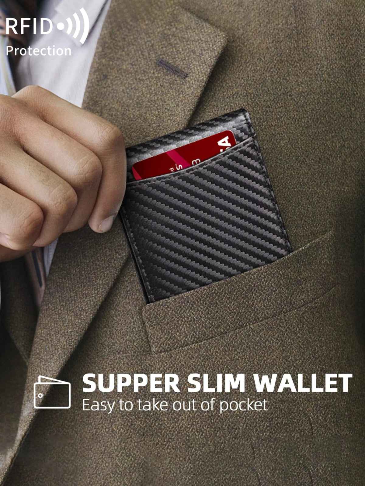 A close-up of a black carbon fiber slim wallet with an RFID protection feature is shown inside a suit jacket pocket.