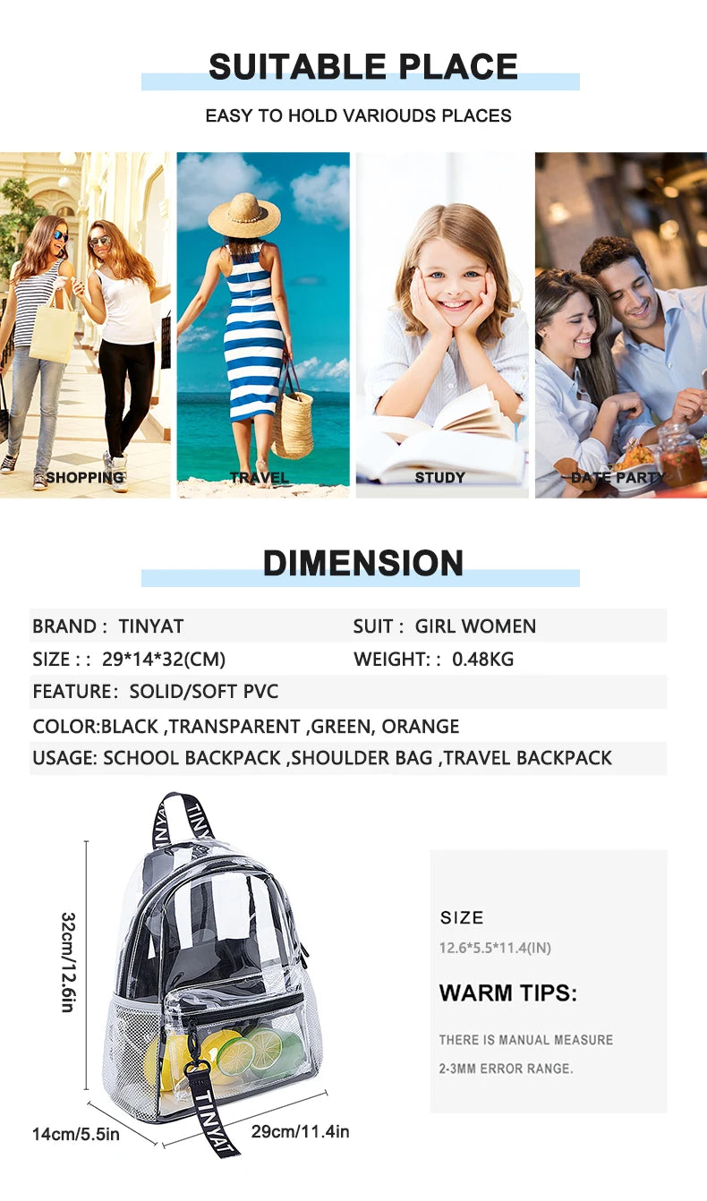 A clear capacity backpack with a mesh design shown next to various lifestyle contexts like shopping, travel, study, and date 