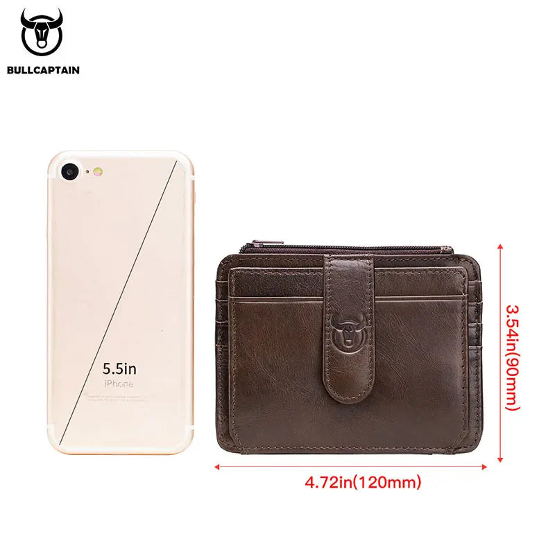Brown genuine leather card holder with a flap and a matching smartphone case shown next to it.