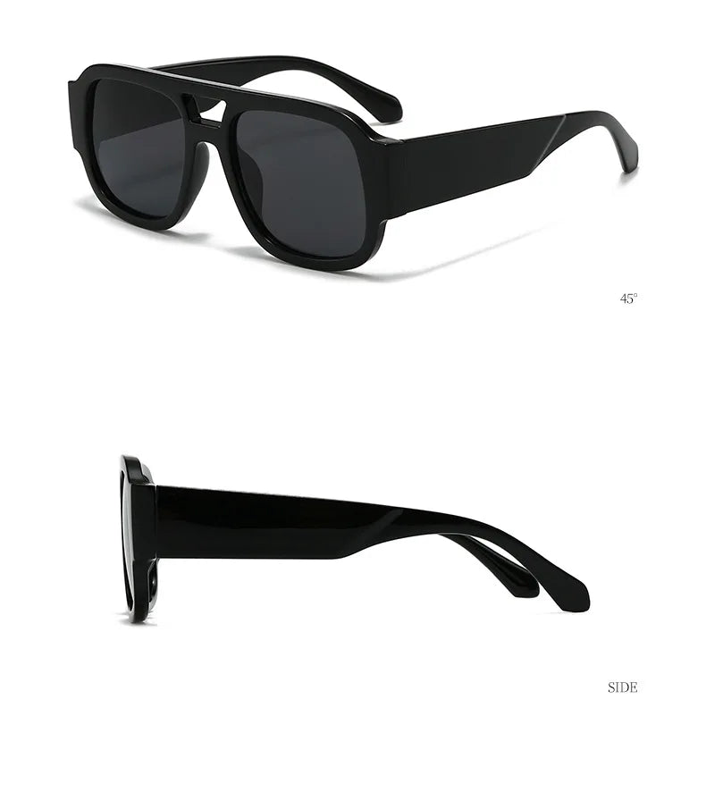 Black oversized square sunglasses shown from the front and side views.