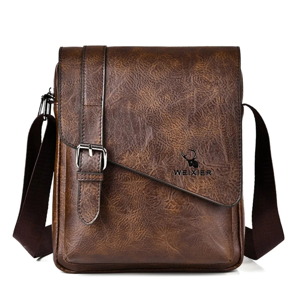 Brown men's PU leather messenger bag with adjustable strap and leather accents