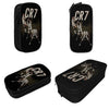 Black luxury leather pencil case featuring the CR7 logo and a silhouette of a person.