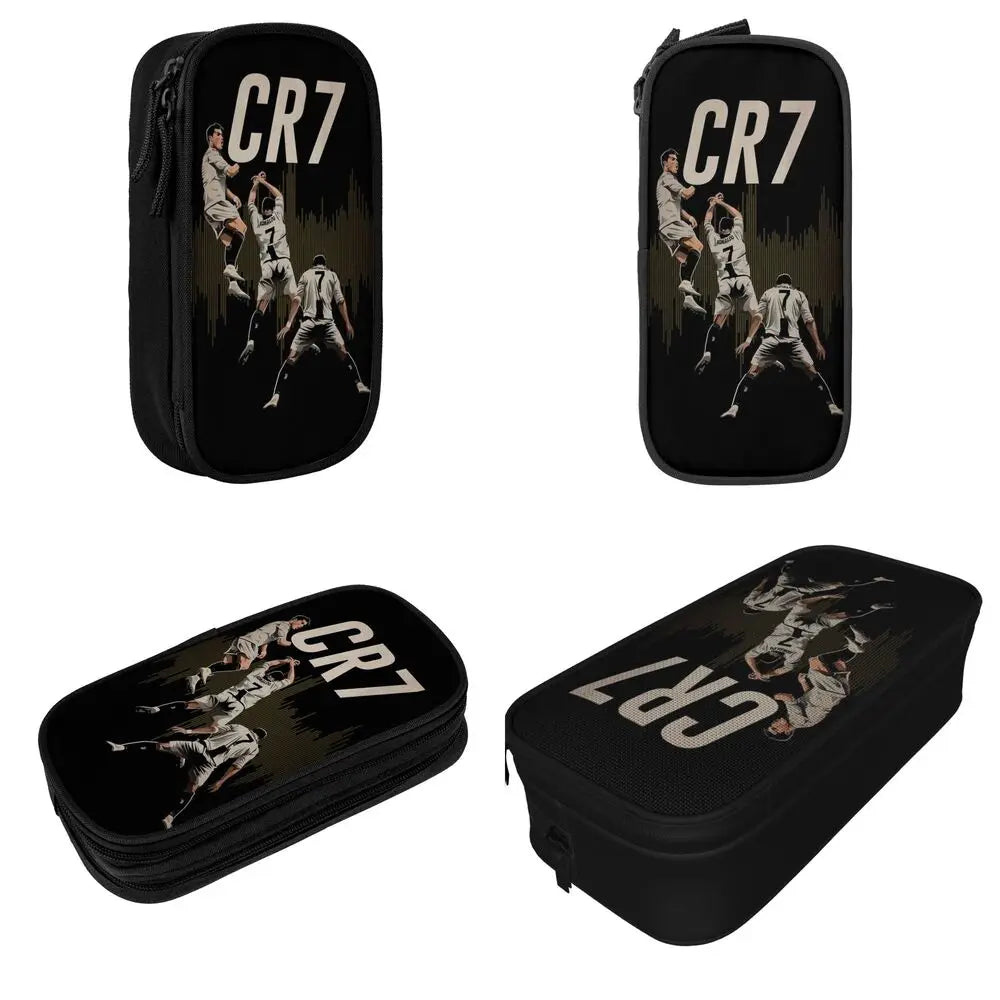 Black luxury leather pencil case featuring the CR7 logo and a silhouette of a person.