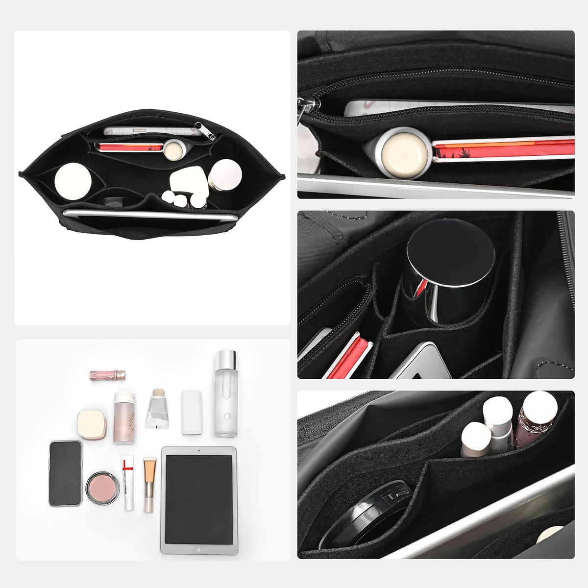 A black felt insert bag designed to organize and protect various small items like pens, tools, and accessories inside a handb