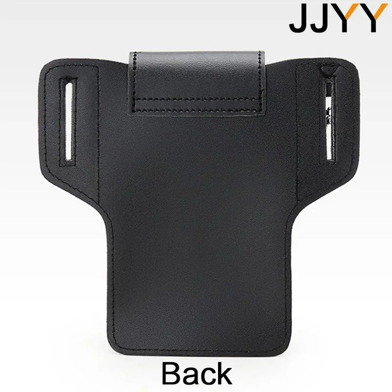 Black vintage leather waist bag with a belt clip for holding phone and essentials