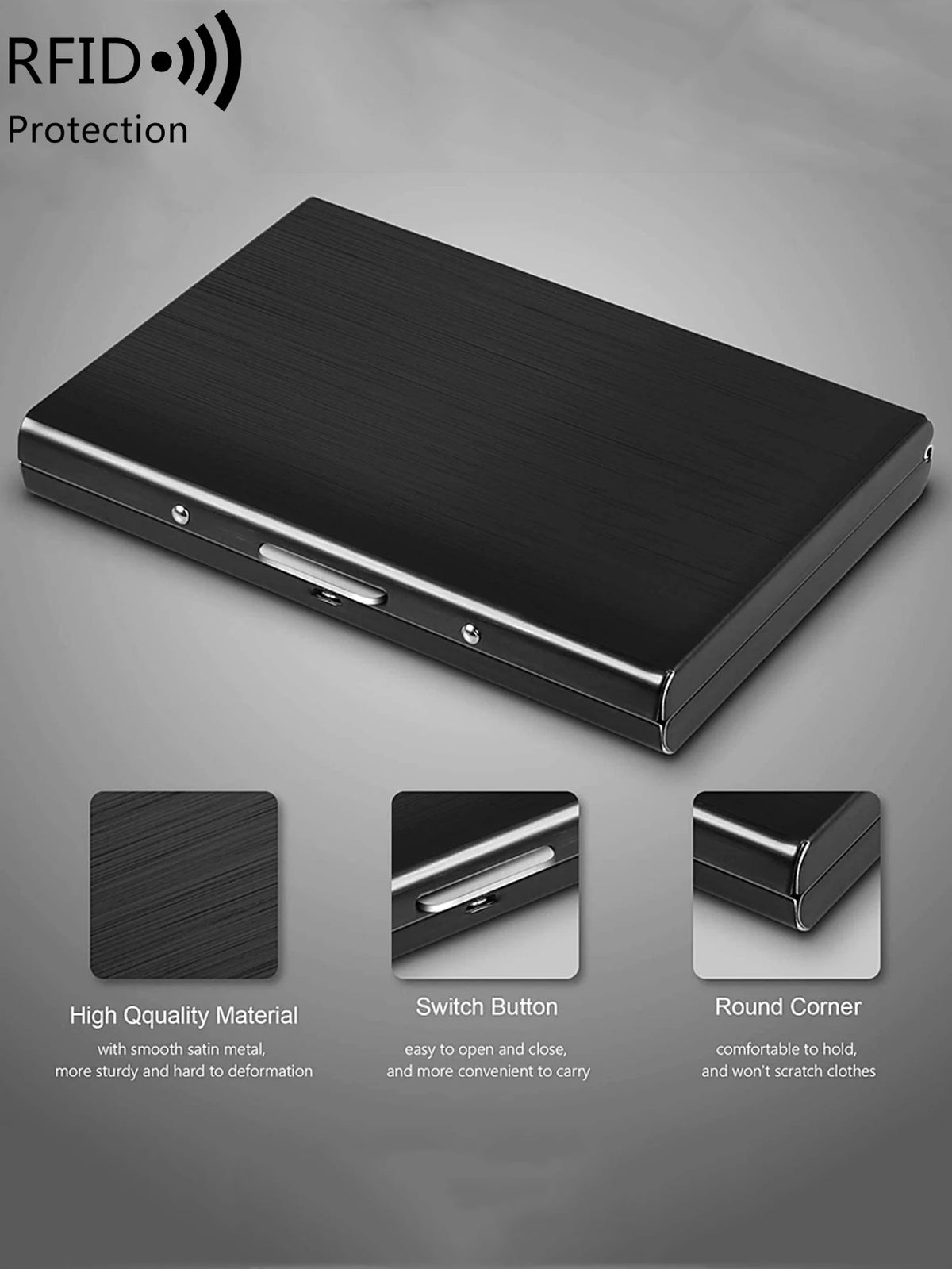 A black RFID blocking card holder with a smooth satin metal finish and round corners.