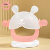 A pink silicone teether shaped like a cute bunny for babies, displayed on a white stand.